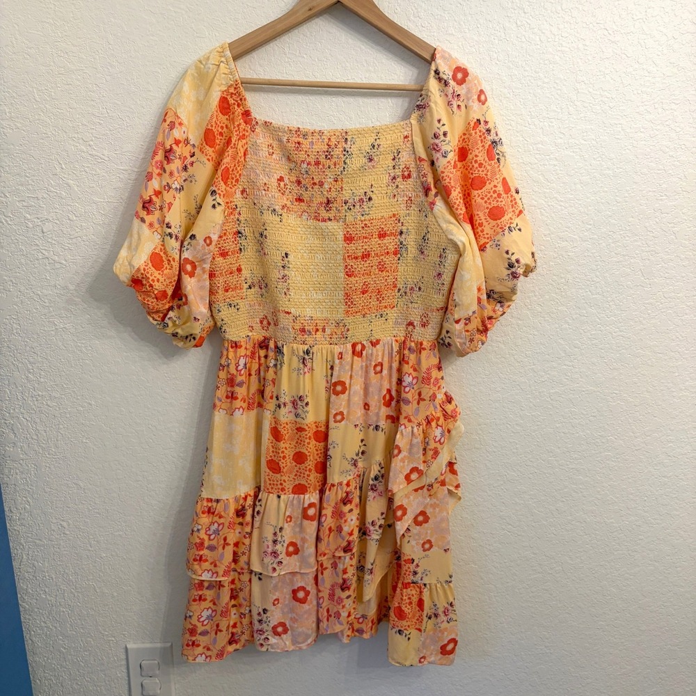 JessaKae Tweedle Dee Mini Dress L Floral Patchwork Smocked Puff Sleeve Boho NWT - Picture 7 of 12
